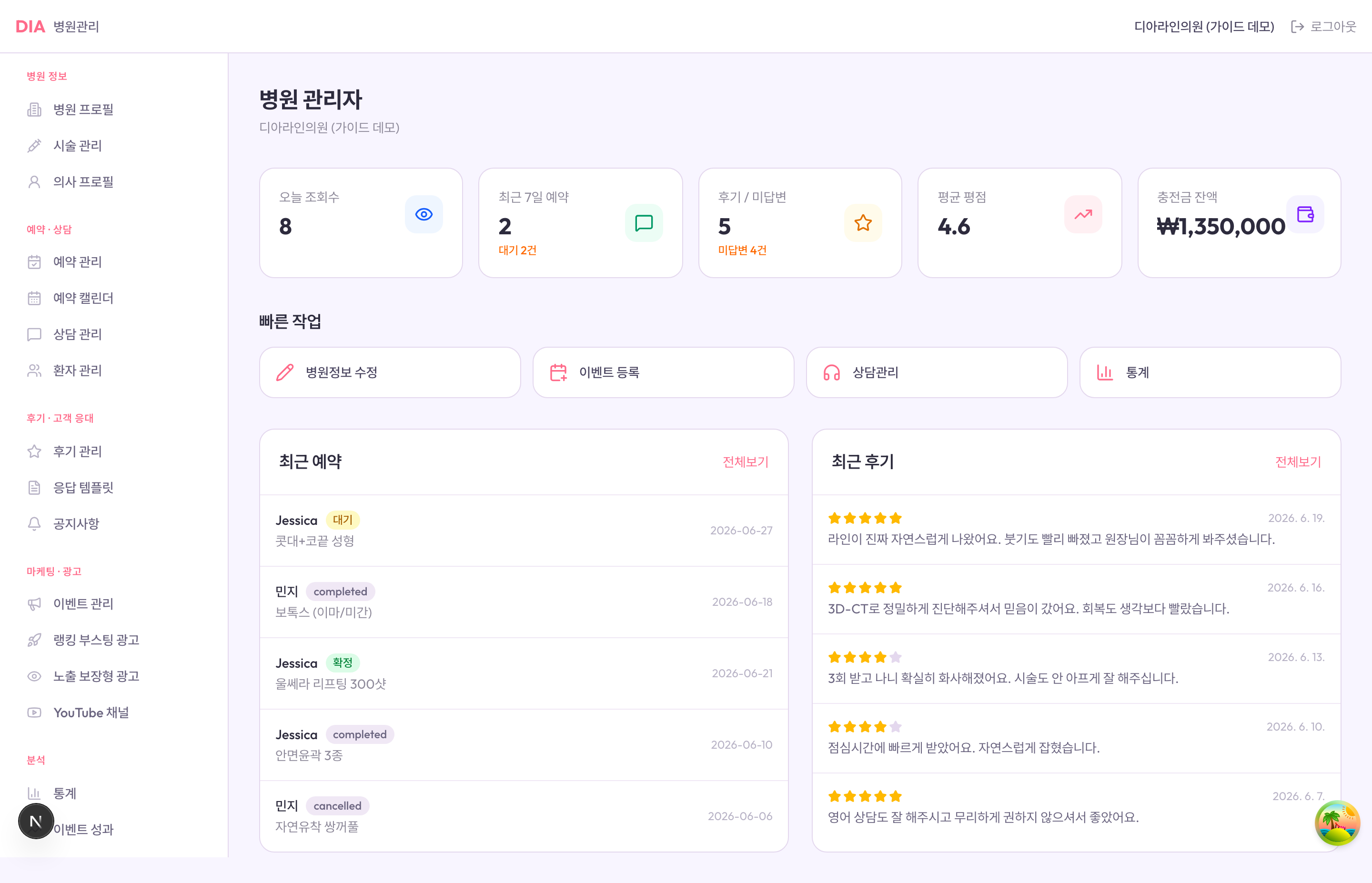 병원 관리자 대시보드